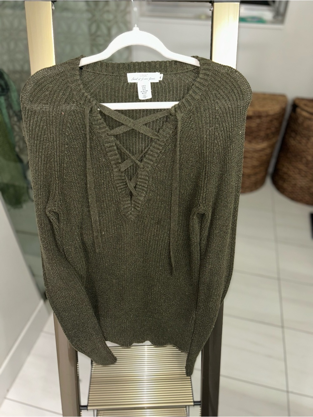 Lace-Up V-Neck Olive Green Women's Sweater